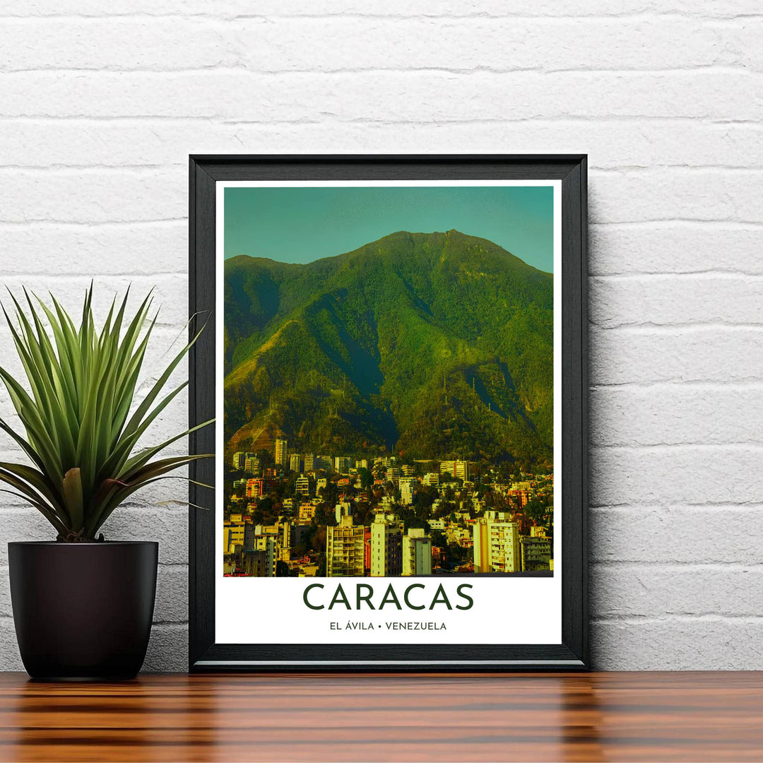 Fine art travel poster featuring margin headers reading CARACAS EL ÁVILA VENEZUELA beneath a sunlit mountain city painting. Available directly from MapYourDreams, this print comes in versatile mediums including roll-packed paper, custom frames, or canvas wraps.