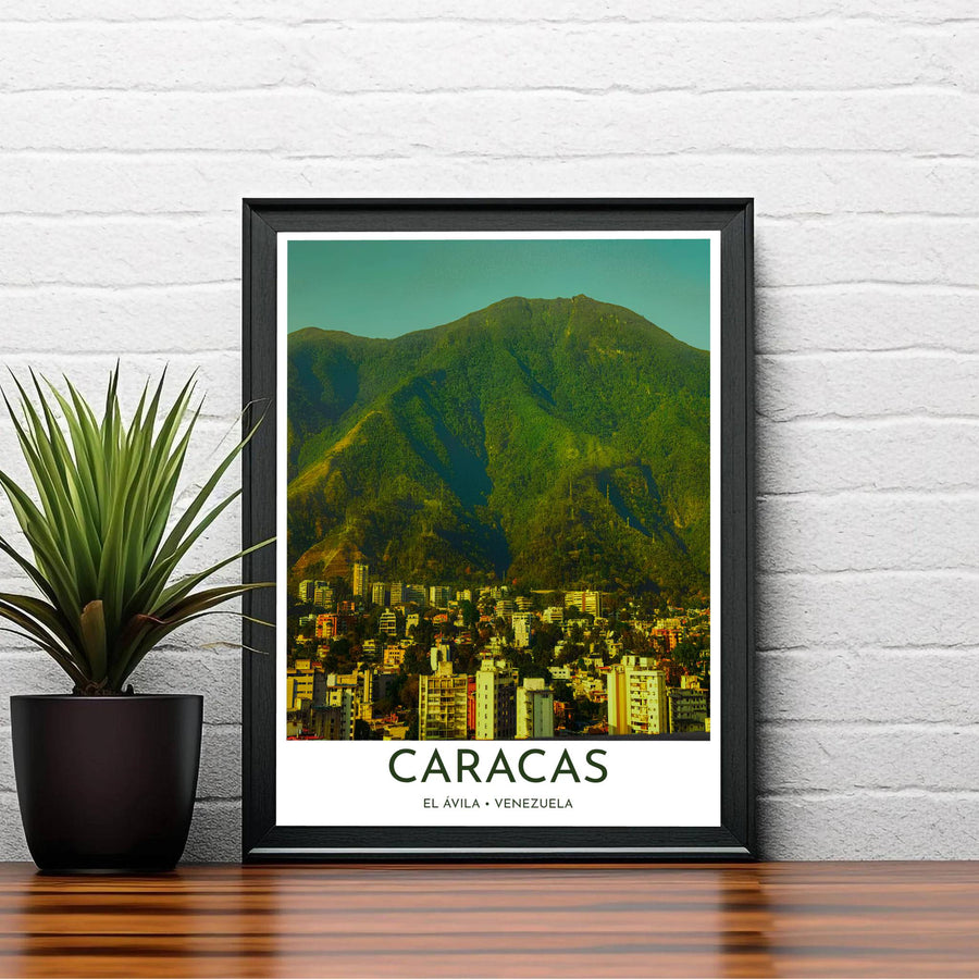 Fine art travel poster featuring margin headers reading CARACAS EL ÁVILA VENEZUELA beneath a sunlit mountain city painting. Available directly from MapYourDreams, this print comes in versatile mediums including roll-packed paper, custom frames, or canvas wraps.
