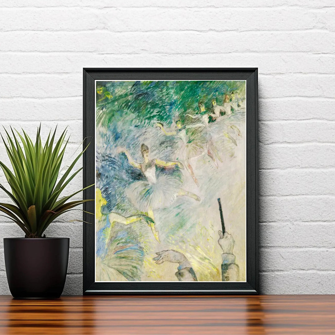 Colorful 19th-century impressionist artwork Ballet Dancers, Henri de Toulouse-Lautrec displaying dancers and conductor at an opera house in Paris, France. Discover custom framed prints, unframed poster options, and stretched canvas decor at MapYourDreams to curate fine art walls.