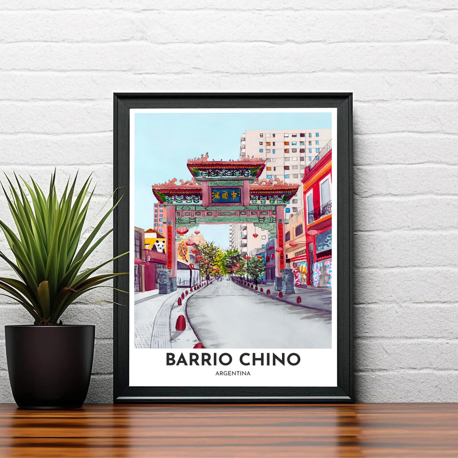 Illustrative watercolor urban wall decor depicting the bustling entrance arch of Barrio Chino with vibrant red, teal, and gold accents. A signature piece from MapYourDreams, this artwork comes ready for display as unframed paper, framed art, or stretched canvas.