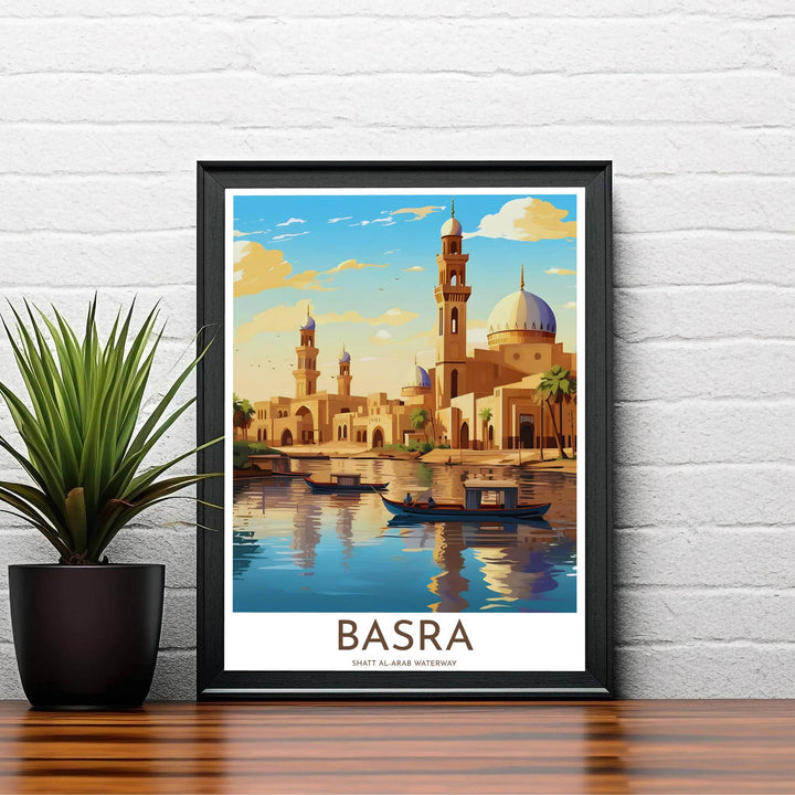 Vintage Islamic architecture landscape poster featuring Basra Iraq Shatt al-Arab river and traditional riverboats. Supplied by MapYourDreams, this artwork is available in flexible options including unframed paper, custom wooden frames, and gallery canvas wraps for stylish decor.
