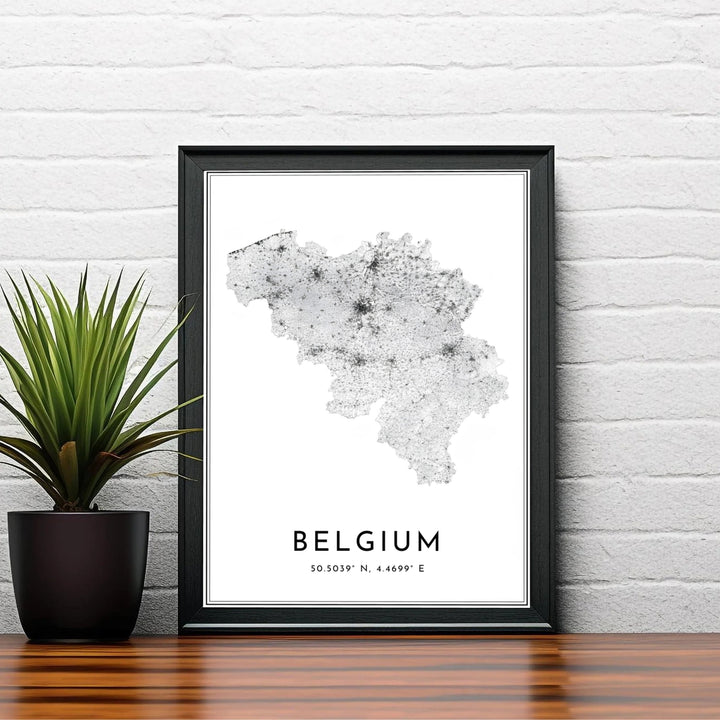 A high-contrast map print portraying the entire Belgian highway and road structure in precise black linework. Choose your preferred finish from standalone unframed matte paper, custom decorative frames, or ready-to-hang gallery canvas options.
