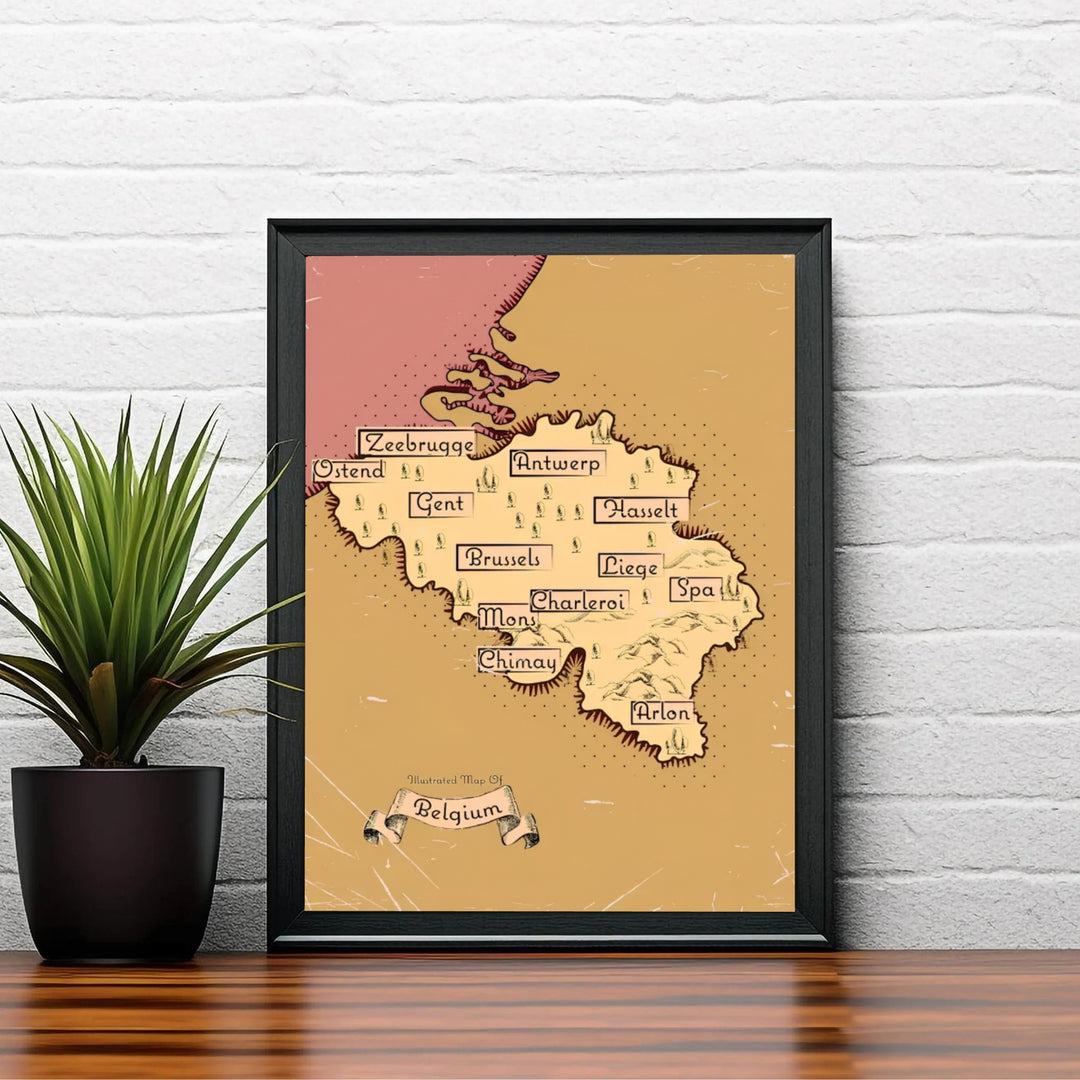 A vintage illustrated print depicting Belgian travel destinations from coastal Zeebrugge to Ardennes hill country in a classic aged map style. Choose your preferred finish from standalone unframed matte paper, custom decorative frames, or ready-to-hang gallery canvas options.