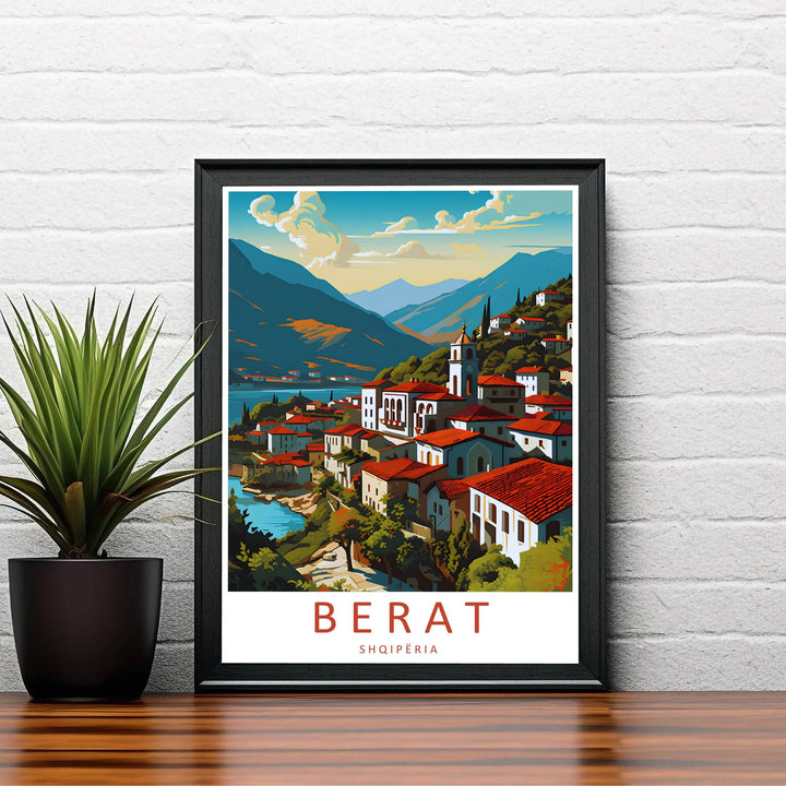 Artistic portrait of Berat Albania presented in terracotta red, turquoise, and white shades for striking home interior accents and travel focal points. Offered by MapYourDreams, this artwork is available in flexible options including unframed paper, custom wooden frames, and gallery canvas wraps.