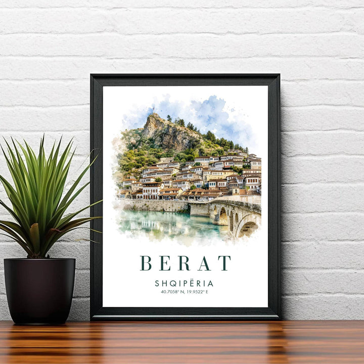 Artistic painting of Berat Castle Albania presented in mint green, terracotta, and cream shades for striking home interior focal point displays. Offered by MapYourDreams, this artwork is available in flexible options including unframed paper, custom wooden frames, and gallery canvas wraps.
