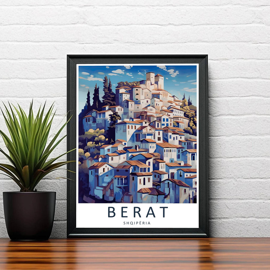 Elegant Berat vector poster boasting cool blue, crisp white, and terracotta orange tones, ideal for living room wall decoration, offices, or entryways. Offered by MapYourDreams, this artwork is available in flexible options including unframed paper, custom wooden frames, and gallery canvas wraps.