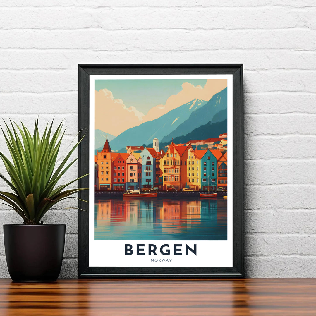 Colorful historic trading buildings along the Bryggen wharf in Bergen Norway reflected gracefully on calm harbor waters. Designed to bring European wanderlust into home spaces, this artistic print comes in multiple finish choices including unframed paper prints, sleek framed wall art, and stretched canvas options.