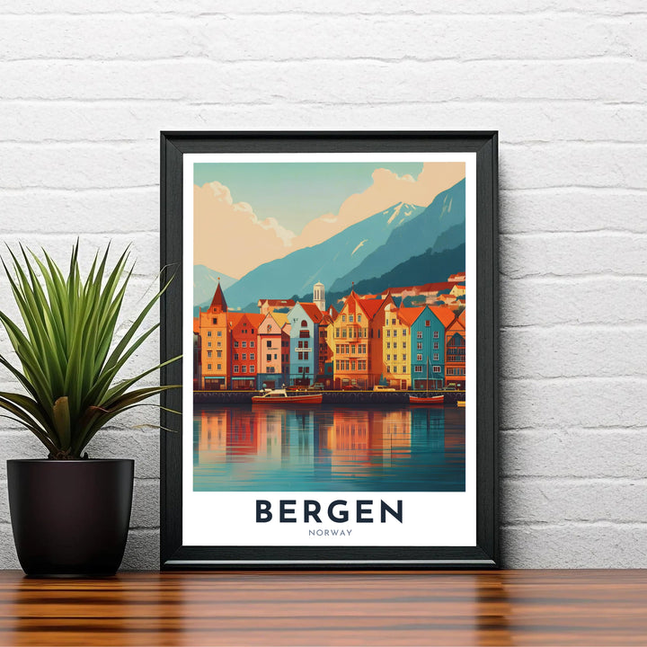 Colorful historic trading buildings along the Bryggen wharf in Bergen Norway reflected gracefully on calm harbor waters. Designed to bring European wanderlust into home spaces, this artistic print comes in multiple finish choices including unframed paper prints, sleek framed wall art, and stretched canvas options.