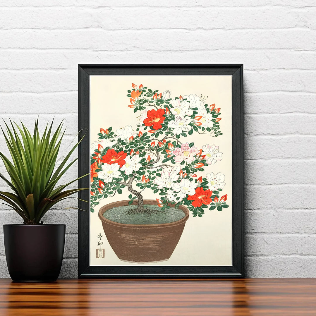 Vintage Japanese woodblock poster displaying azalea blooms in a ceramic pot reminiscent of Nara floral exhibitions. Shop high-definition framed, unframed, and canvas art at MapYourDreams.