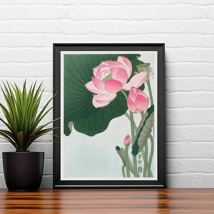 Vintage Japanese woodblock poster displaying lotus blossoms in a pond setting reminiscent of Nara floral exhibitions. Shop high-definition framed, unframed, and canvas art print options at MapYourDreams.
