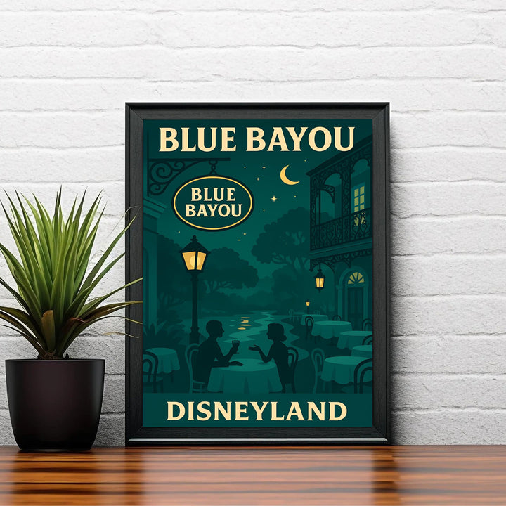 Twilight landscape wall art displaying quiet bayou waters, French Quarter ironwork, and crescent moon views at Blue Bayou Disneyland, offered by MapYourDreams where options include unframed paper prints, gallery wrapped canvas decor, or custom frame styling designed to enhance home bars.