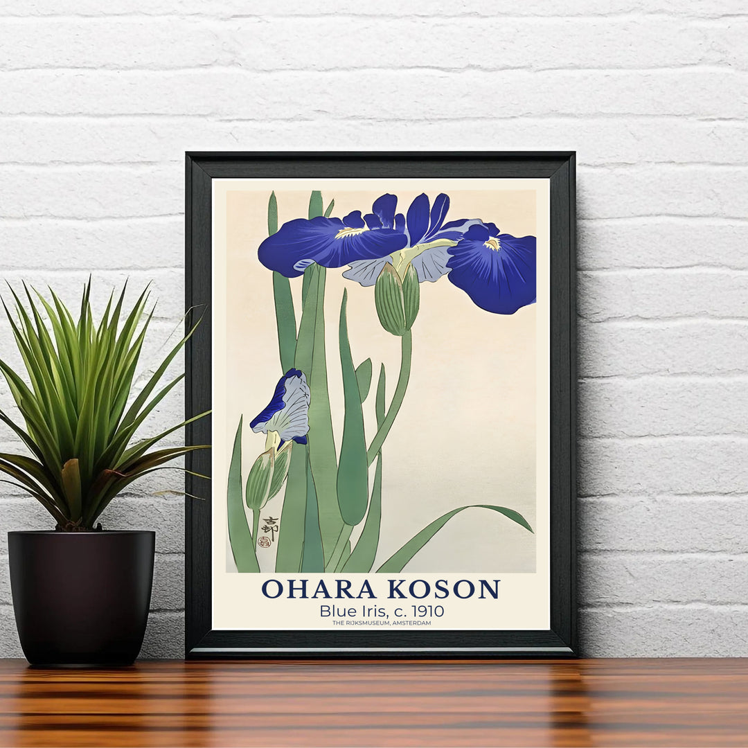 Vintage 1910 Japanese woodblock poster displaying blue iris blossoms in a style reminiscent of art at The Rijksmuseum, Amsterdam. Shop high-definition framed, unframed, and canvas art print options at MapYourDreams.