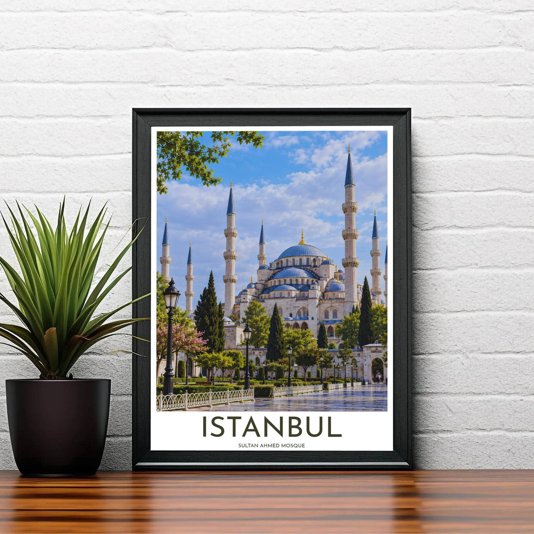 Fine art travel photo print of Istanbul Blue Mosque printed on premium 220gsm professional matte archival paper. Distributed by MapYourDreams, this artwork is available in flexible options including unframed paper, custom wooden frames, and gallery canvas wraps for stylish wall decor.