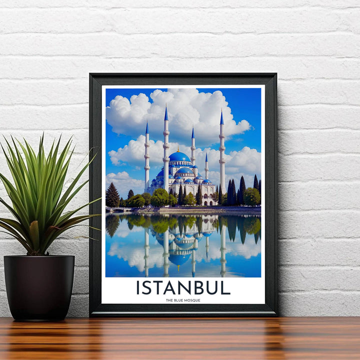 Elegant Istanbul travel poster showing Blue Mosque cascading domes and six minarets mirrored in crystal clear water. Created by MapYourDreams, this artwork is available in flexible options including unframed paper, custom wooden frames, and gallery canvas wraps for bedroom wall art.