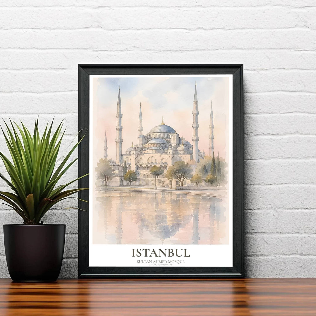Elegant Istanbul travel poster showing Blue Mosque cascading domes and six minarets in soft watercolor bleeds. Created by MapYourDreams, this artwork is available in flexible options including unframed paper, custom wooden frames, and gallery canvas wraps for bedroom wall art.