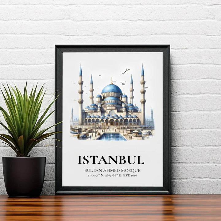 Classical Ottoman architecture watercolor poster featuring Blue Mosque in Istanbul Turkey in a clean vignette layout. Supplied by MapYourDreams, this artwork is available in flexible options including unframed paper, custom wooden frames, and gallery canvas wraps for stylish decor.
