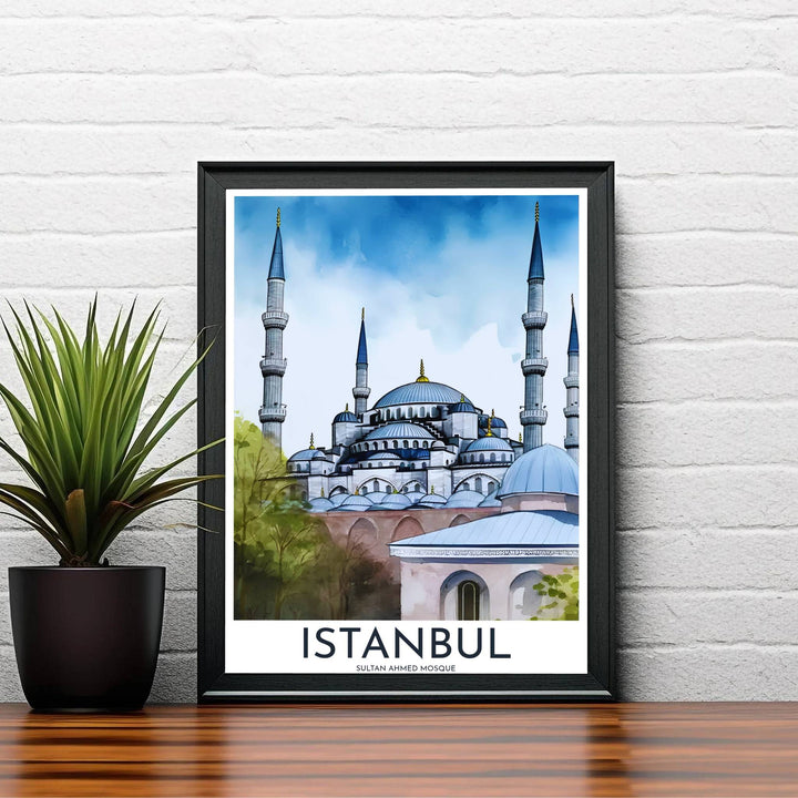 Symmetrical watercolor print of historic Blue Mosque in Istanbul Turkey showing vibrant cobalt domes and archways. Curated by MapYourDreams, this artwork is available in flexible options including unframed paper, custom wooden frames, and gallery canvas wraps tailored for interior design.