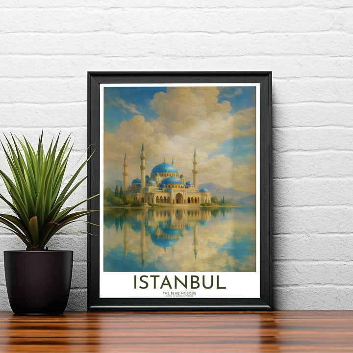 Elegant Istanbul travel poster showing Blue Mosque cascading blue domes and minarets in warm oil painting textures. Created by MapYourDreams, this artwork is available in flexible options including unframed paper, custom wooden frames, and gallery canvas wraps for bedroom wall art.