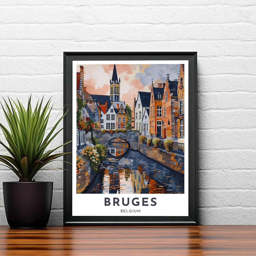 A high-contrast painted art poster depicting water reflections and classic brick townhouses in historic Bruges, Belgium. Choose your preferred finish from standalone unframed matte paper, custom decorative frames, or ready-to-hang gallery canvas options.