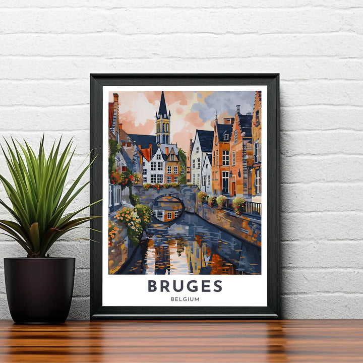 A high-contrast painted art poster depicting water reflections and classic brick townhouses in historic Bruges, Belgium. Choose your preferred finish from standalone unframed matte paper, custom decorative frames, or ready-to-hang gallery canvas options.