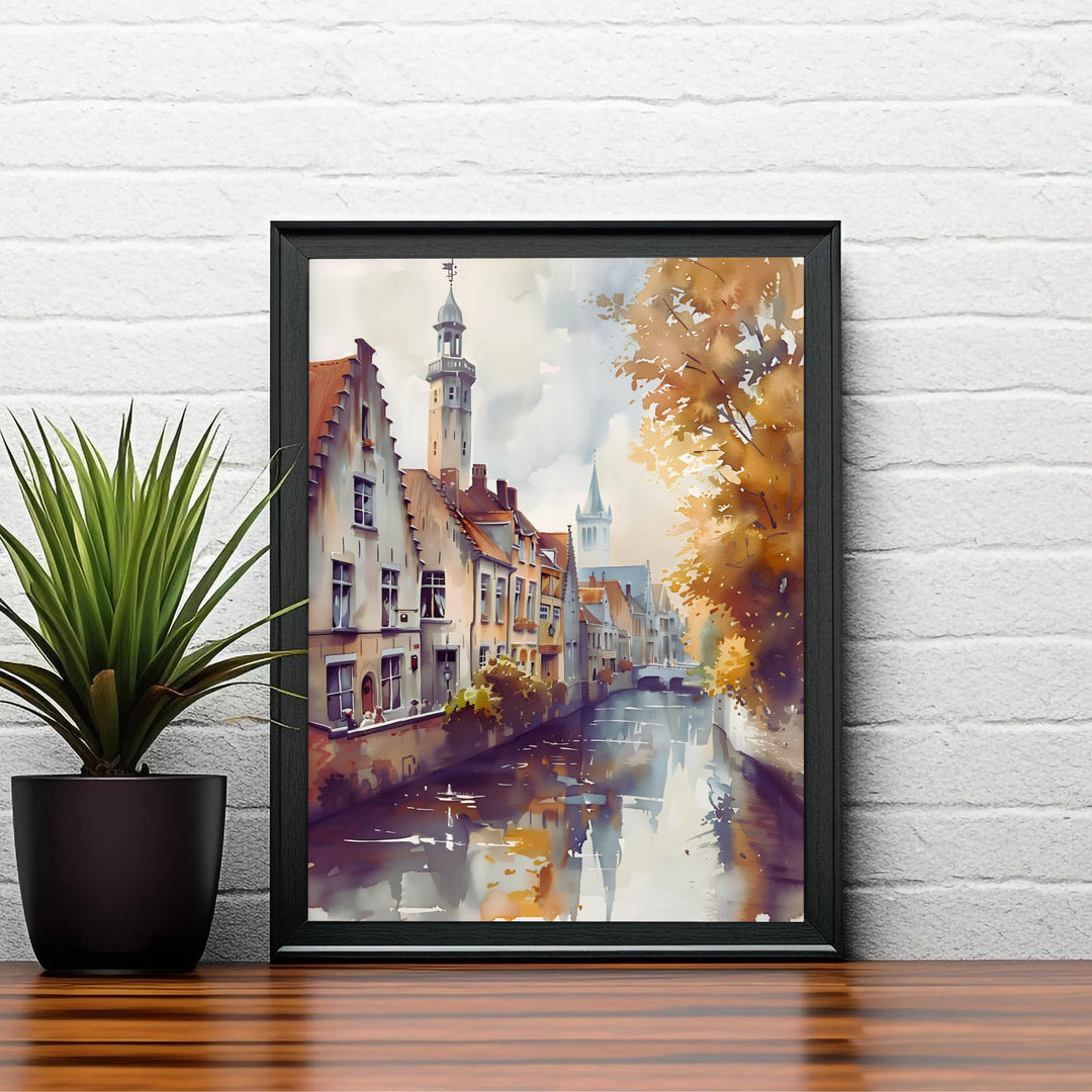 A soft-focused watercolor art poster depicting water reflections, stone bridges, and gabled brick houses in historic Bruges, Belgium. Choose your preferred finish from standalone unframed matte paper, custom decorative frames, or ready-to-hang gallery canvas options.