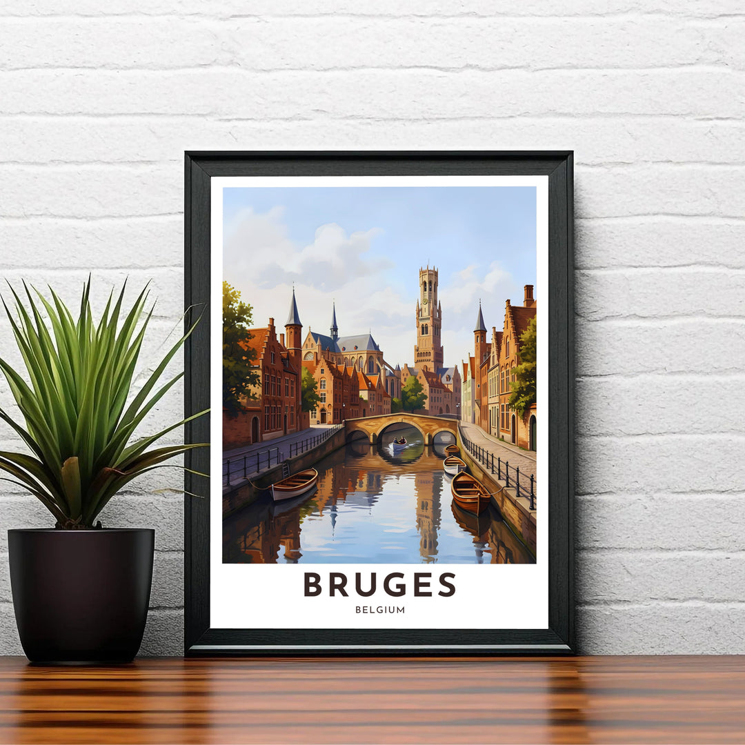 A high-contrast travel art print showcasing water reflections, stone bridges, and step-gabled facades in Bruges, Belgium, with clean modern typography. Choose your preferred finish from standalone unframed matte paper, custom decorative frames, or ready-to-hang gallery canvas options.