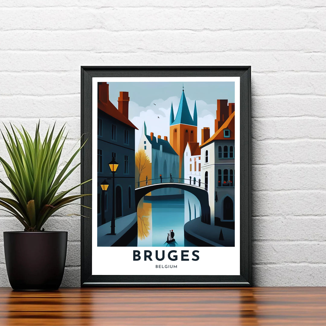 A modern graphic art poster depicting the romantic canal district of Bruges, Belgium, in striking vector architectural detail. Offered by MapYourDreams, this artwork is available in flexible options including unframed paper, custom wooden frames, and gallery canvas wraps.