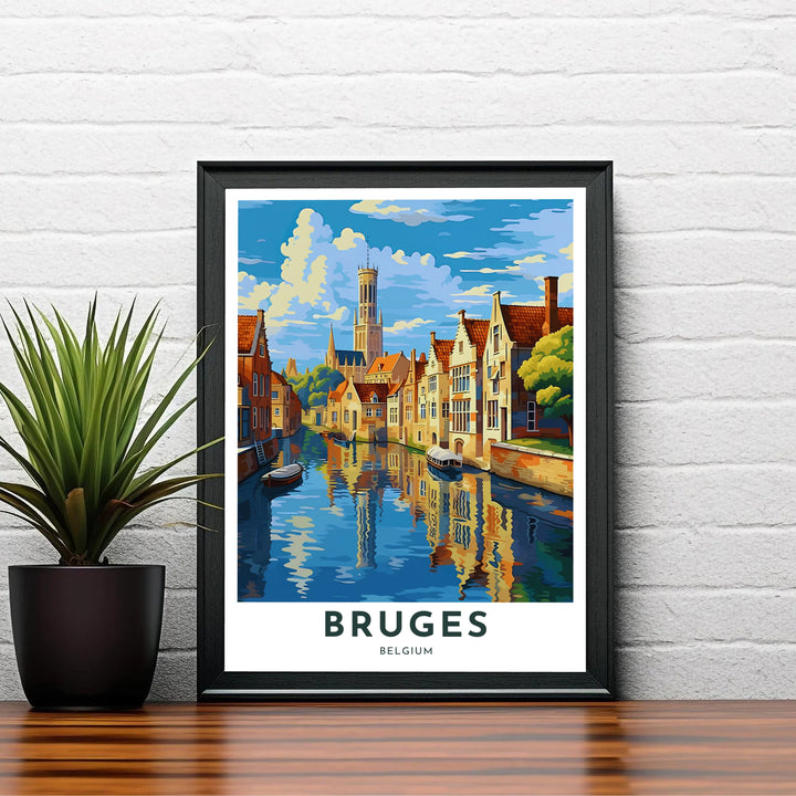 A colorful high-contrast travel print showcasing water reflections and historic facades in Bruges, Belgium, with crisp modern typography. Choose your preferred finish from standalone unframed matte paper, custom decorative frames, or ready-to-hang gallery canvas options.