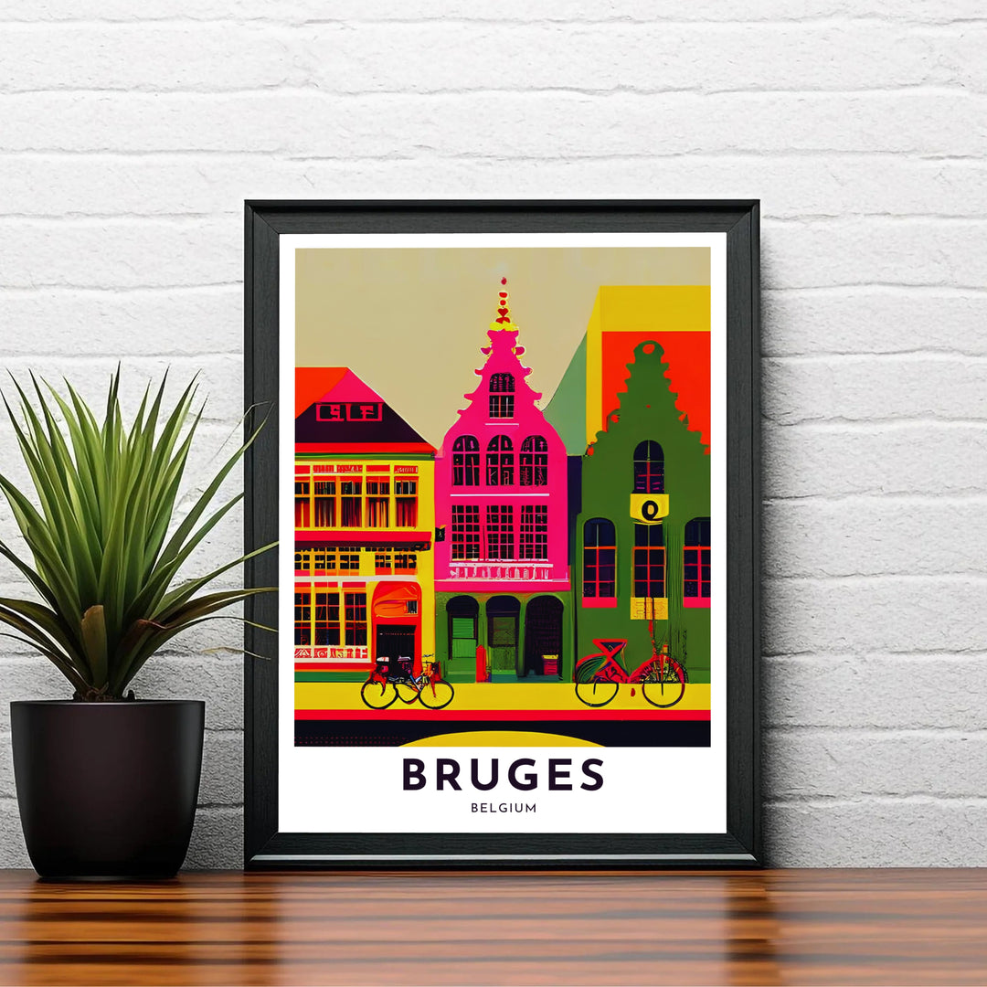A colorful graphic art print displaying gabled roofs and bicycle silhouettes in Bruges, Belgium, complete with bold typography reading Bruges Belgium. Choose your preferred finish from standalone unframed matte paper, custom decorative frames, or ready-to-hang gallery canvas options.