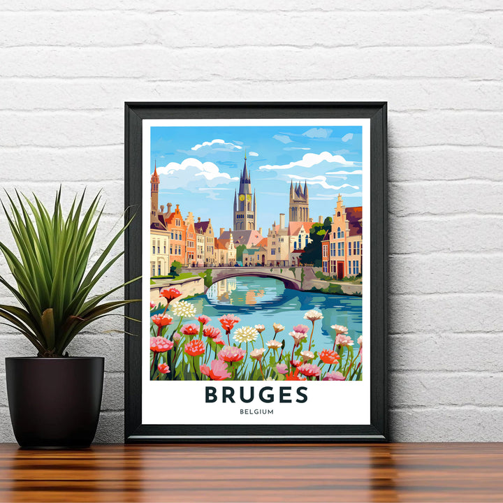 A charming print of Bruges, Belgium, capturing spring wildflowers beside an arched bridge with townhouses under a soft blue cloud-filled sky. Choose your preferred finish from standalone unframed matte paper, custom decorative frames, or ready-to-hang gallery canvas options.