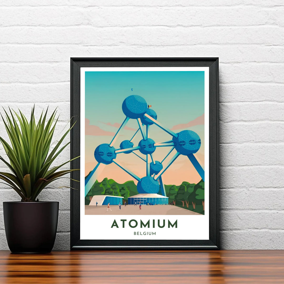 Vibrant European landmark wall art illustrating the iconic Atomium structure of Brussels, Belgium, surrounded by modern entry pavilions and visitors. Offered by MapYourDreams, this artwork is available in flexible options including unframed paper, custom wooden frames, and gallery canvas wraps.