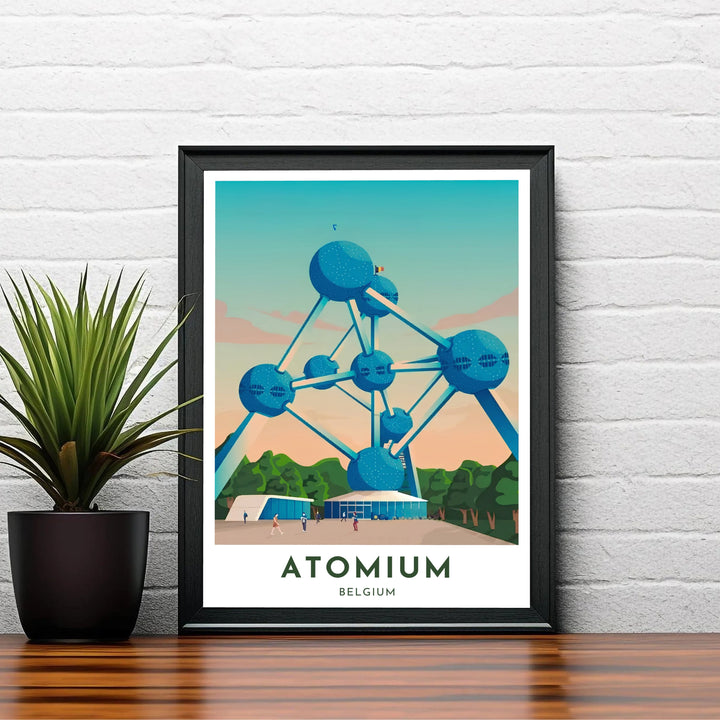 Vibrant European landmark wall art illustrating the iconic Atomium structure of Brussels, Belgium, surrounded by modern entry pavilions and visitors. Offered by MapYourDreams, this artwork is available in flexible options including unframed paper, custom wooden frames, and gallery canvas wraps.