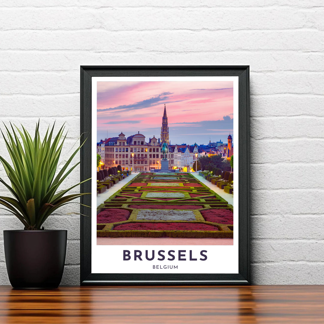 High-resolution city photography depicting the twilight beauty of Mont des Arts in Brussels, Belgium, with deep red botanical hedges and a pastel sky. Choose your preferred finish from standalone unframed matte paper, custom decorative frames, or ready-to-hang gallery canvas options.