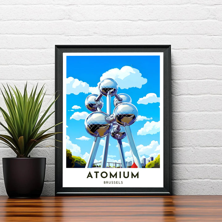 Graphic vector travel art depicting the retro-futuristic Atomium building in Brussels, Belgium, with polished metal details and vivid colors. Choose your preferred finish from standalone unframed matte paper, custom decorative frames, or ready-to-hang gallery canvas options.