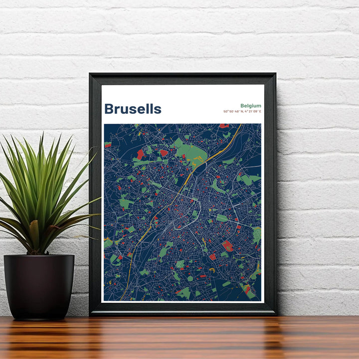 Refined street map artwork depicting the capital city of Brussels, Belgium, rendered in a sophisticated dark navy blue minimalist style. Choose your preferred finish from standalone unframed matte paper, custom decorative frames, or ready-to-hang gallery canvas options.