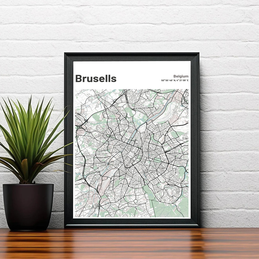 Contemporary city map print featuring the detailed road system of Brussels, Belgium, complete with geographic coordinates and clean lettering. Offered by MapYourDreams, this artwork is available in flexible options including unframed paper, custom wooden frames, and gallery canvas wraps.