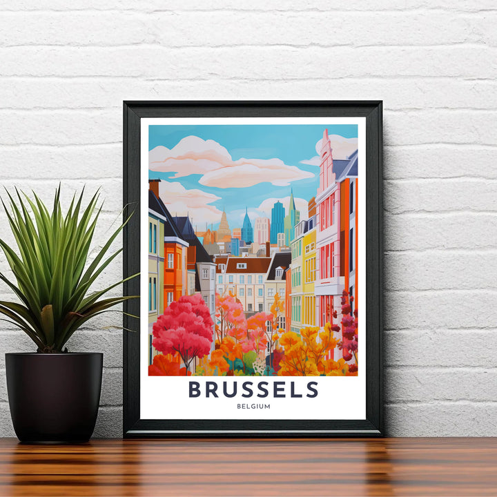 Artistic travel poster illustrating the golden autumn season in Brussels, Belgium, featuring coral buildings and turquoise sky highlights. Choose your preferred finish from standalone unframed matte paper, custom decorative frames, or ready-to-hang gallery canvas options.