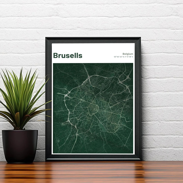 Refined street map artwork depicting the capital city of Brussels, Belgium, rendered in a dark emerald green minimalist style. Choose your preferred finish from standalone unframed matte paper, custom decorative frames, or ready-to-hang gallery canvas options.