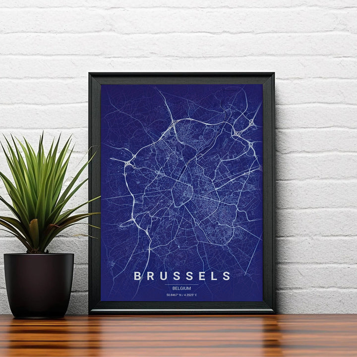 Refined street map artwork depicting the capital city of Brussels, Belgium, rendered in a navy blue minimalist graphic style. Choose your preferred finish from standalone unframed matte paper, custom decorative frames, or ready-to-hang gallery canvas options.