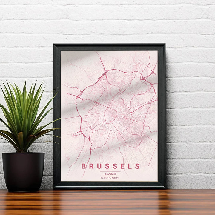 Contemporary city map print featuring the detailed road system of Brussels, Belgium, complete with precise coordinates and bold bottom lettering. Offered by MapYourDreams, this artwork is available in flexible options including unframed paper, custom wooden frames, and gallery canvas wraps.