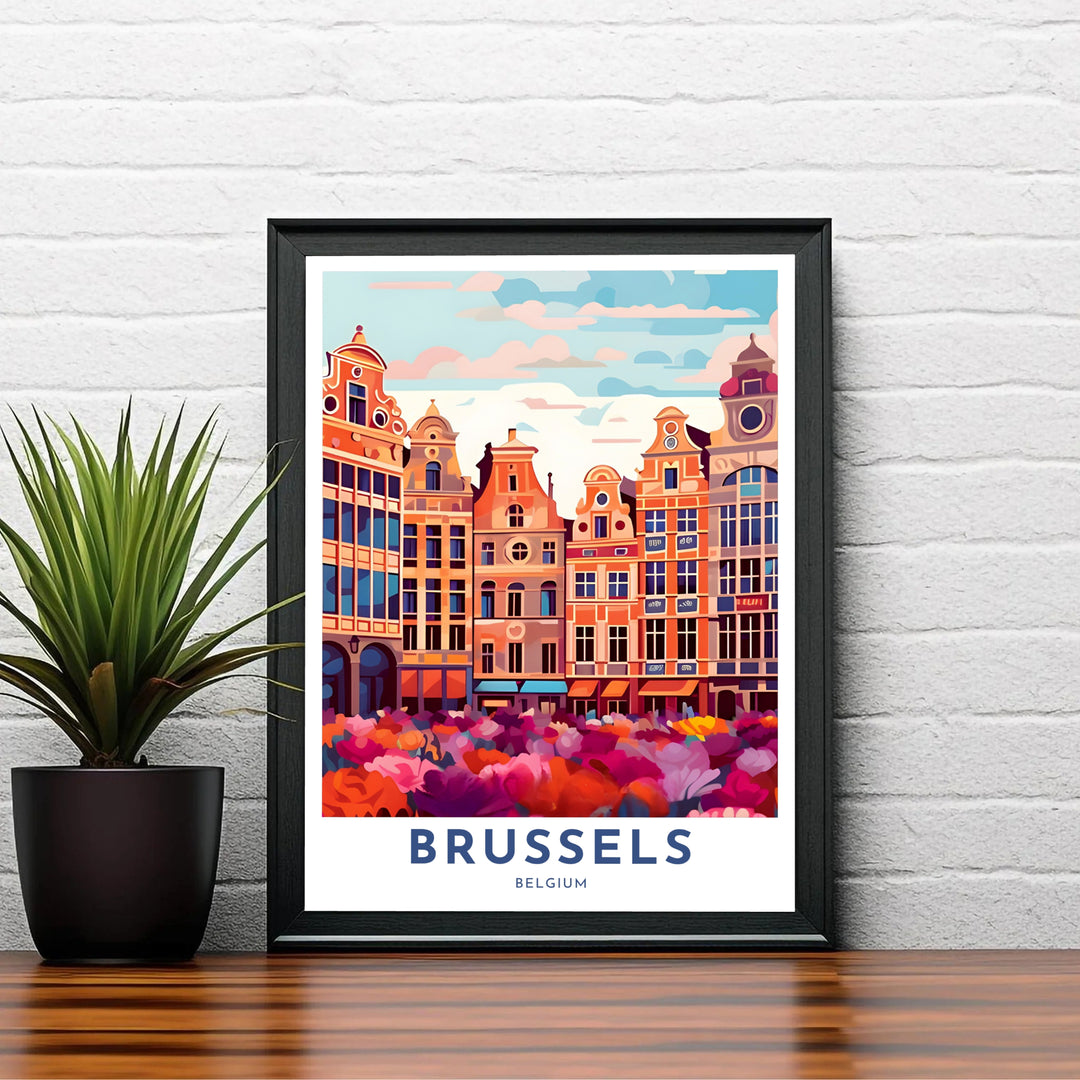 Contemporary travel illustration displaying the historic square and guild house architecture of Brussels Grand Place in Belgium. Offered by MapYourDreams, this artwork is available in flexible options including unframed paper, custom wooden frames, and gallery canvas wraps.