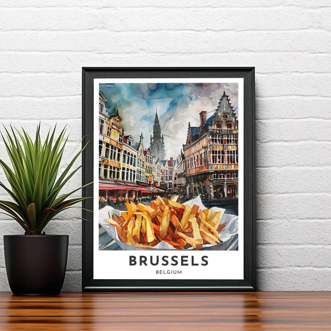 Refined watercolor wall print depicting famous Belgian fries with the historic background of Brussels Grand Place in Belgium in soft warm tones. Choose your preferred finish from standalone unframed matte paper, custom decorative frames, or ready-to-hang gallery canvas options.