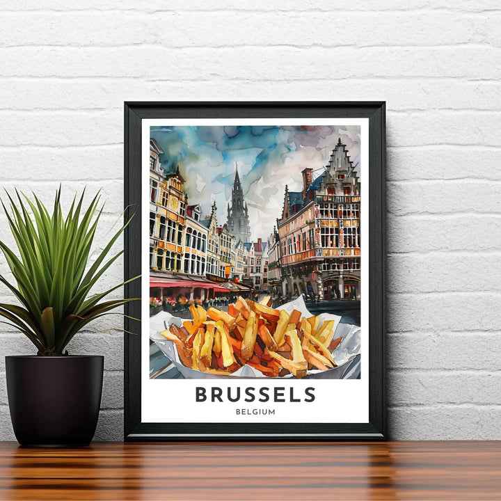 Refined watercolor wall print depicting famous Belgian fries with the historic background of Brussels Grand Place in Belgium in soft warm tones. Choose your preferred finish from standalone unframed matte paper, custom decorative frames, or ready-to-hang gallery canvas options.