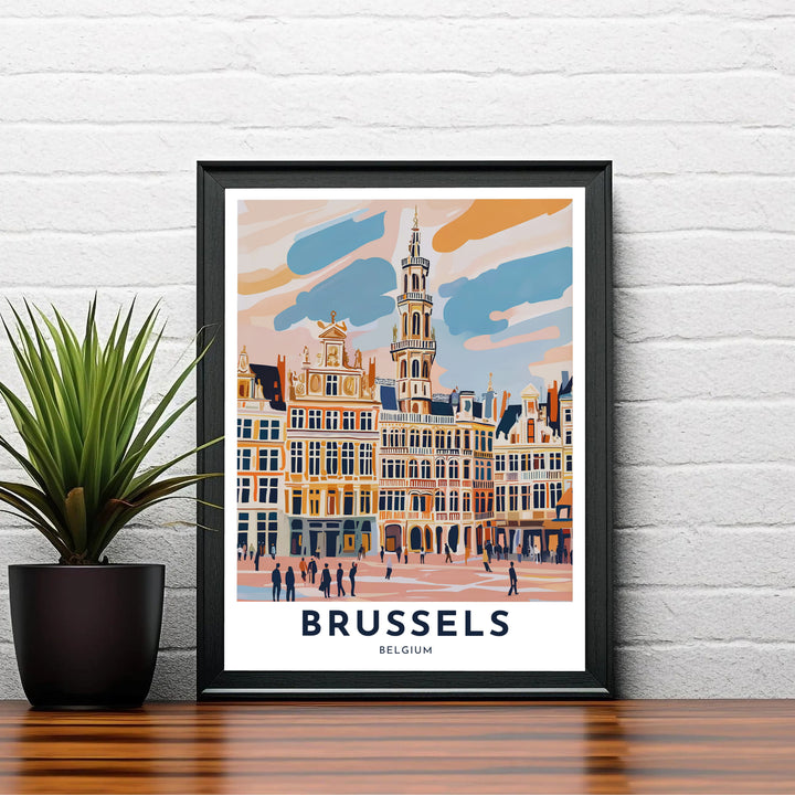 Refined pastel pop art print depicting the central landmark of Brussels Grand Place in Belgium, filled with gentle peach and sky blue shades. Choose your preferred finish from standalone unframed matte paper, custom decorative frames, or ready-to-hang gallery canvas options.