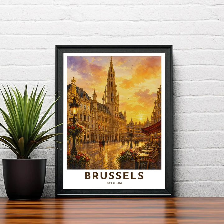 Refined sunset art print depicting the central landmark of Brussels Grand Place in Belgium filled with warm amber and saffron tones. Choose your preferred finish from standalone unframed matte paper, custom decorative frames, or ready-to-hang gallery canvas options.