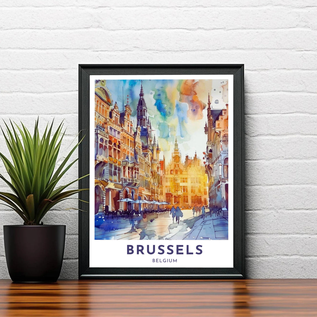 Refined watercolor wall print depicting the central landmark of Brussels Grand Place in Belgium filled with turquoise, amber, and terracotta washes. Choose your preferred finish from standalone unframed matte paper, custom decorative frames, or ready-to-hang gallery canvas options.