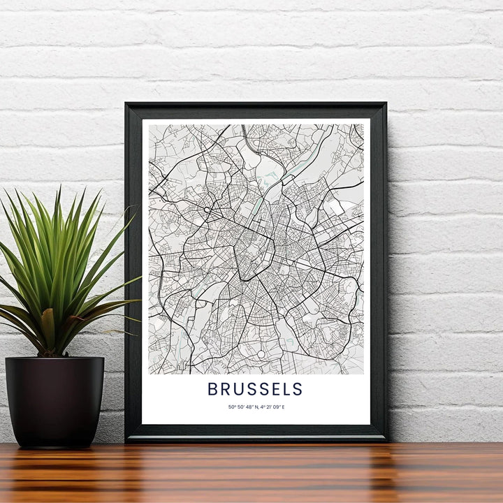 Refined black and white street grid print depicting the entire metropolitan area of Brussels in Belgium on a clean white background. Choose your preferred finish from standalone unframed matte paper, custom decorative frames, or ready-to-hang gallery canvas options.