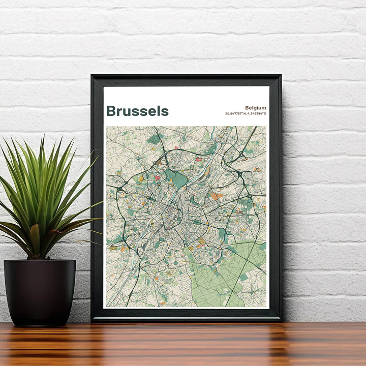 Refined vintage street grid print depicting the entire metropolitan area of Brussels in Belgium on a soft cream background. Choose your preferred finish from standalone unframed matte paper, custom decorative frames, or ready-to-hang gallery canvas options.