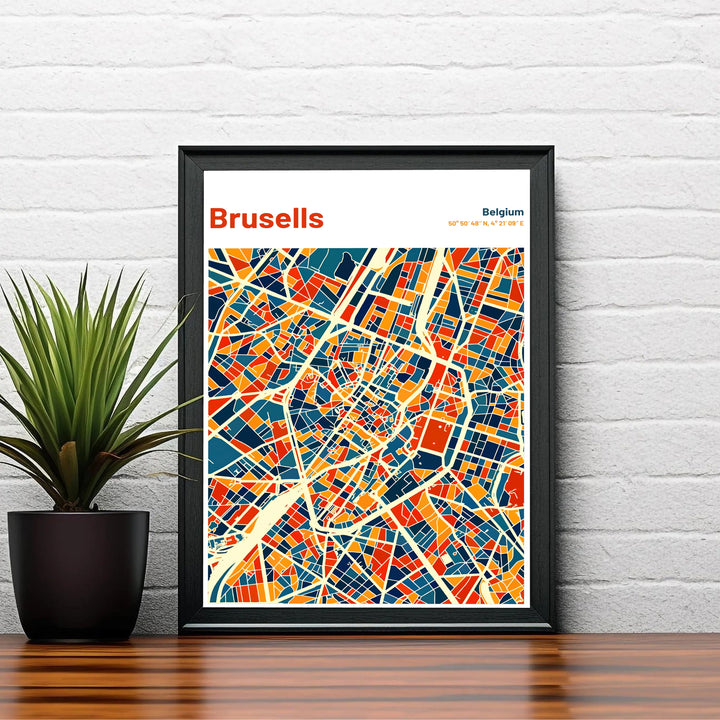 Graphic street map poster displaying the radial avenues and transit corridors of Brussels in Belgium with modern typography. Offered by MapYourDreams, this artwork is available in flexible options including unframed paper, custom wooden frames, and gallery canvas wraps.