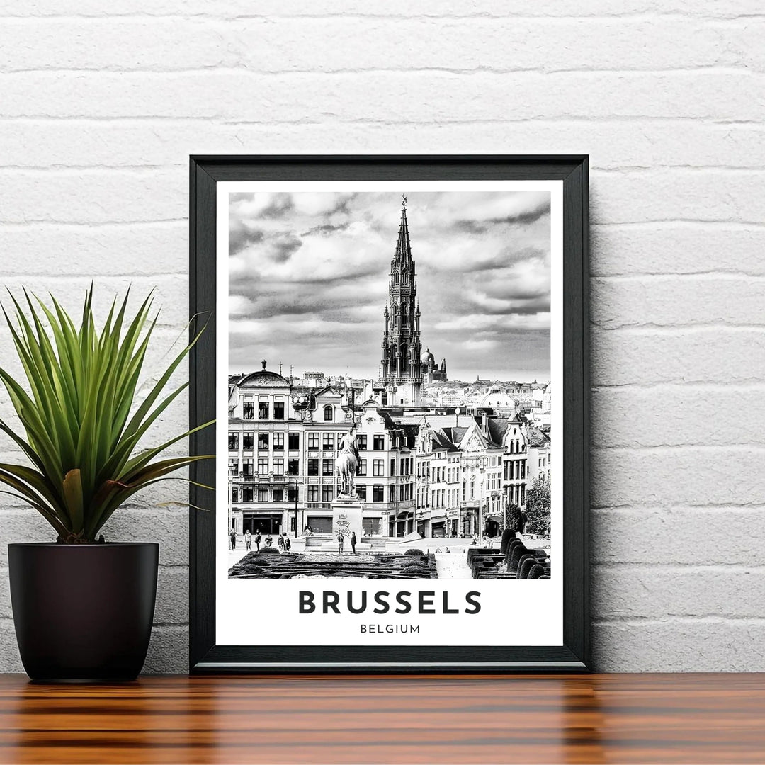 Refined monochrome skyline print depicting the famous elevated vantage point of Mont des Arts in Brussels, Belgium, under a cloudy sky. Choose your preferred finish from standalone unframed matte paper, custom decorative frames, or ready-to-hang gallery canvas options.